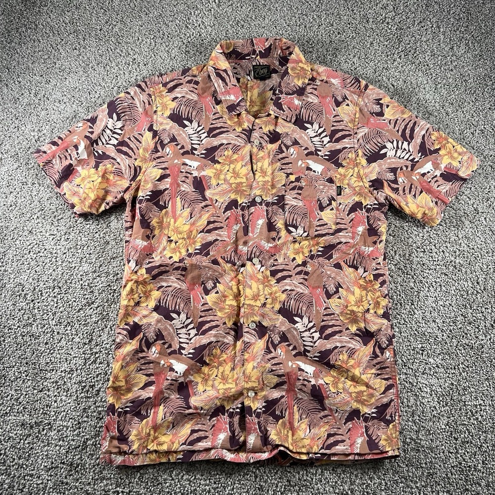 Obey Hawaiian Shirt Mens‎ Medium Tropical Bird Floral Button Up Short Sleeve